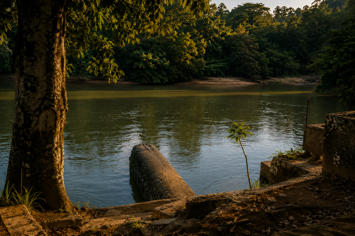 The Mogi-Guaçu river at Cachoeira de Emas: green water, shallow rapids and dense forest on the far bank.