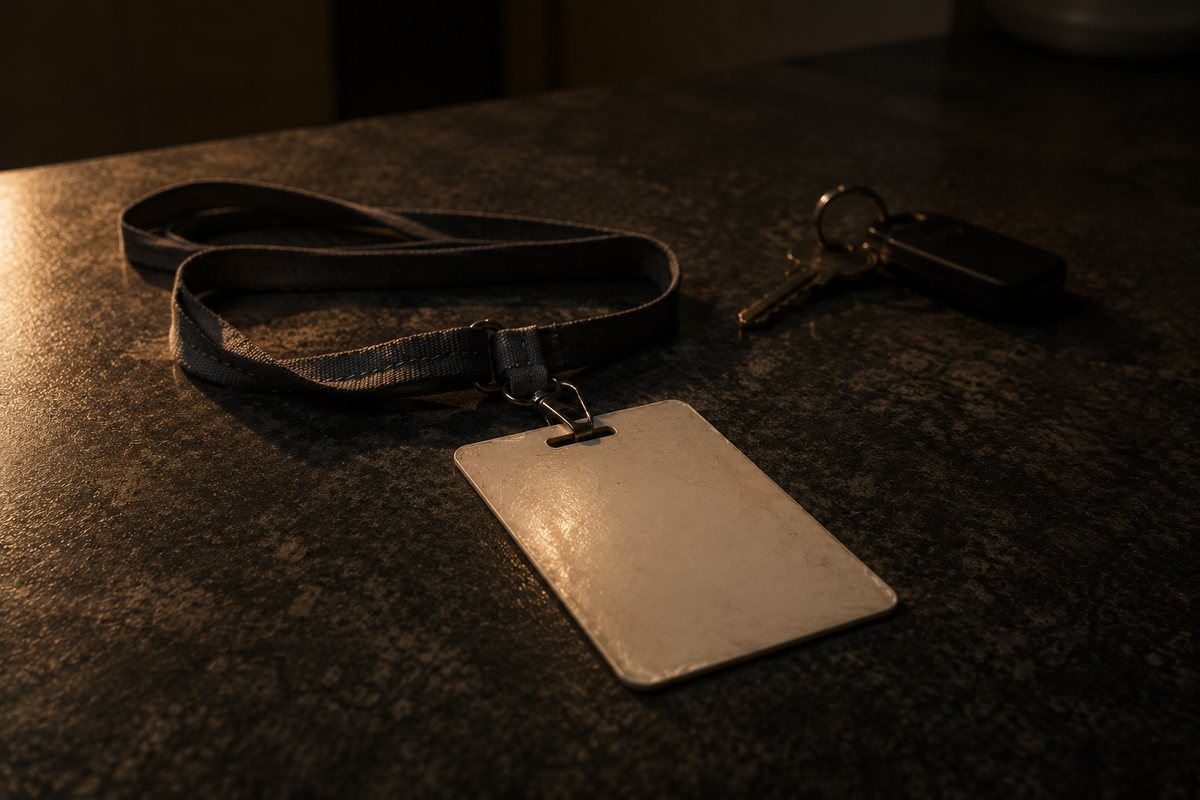 An ID badge on a lanyard, resting on a dark counter beside a set of keys, in low light.