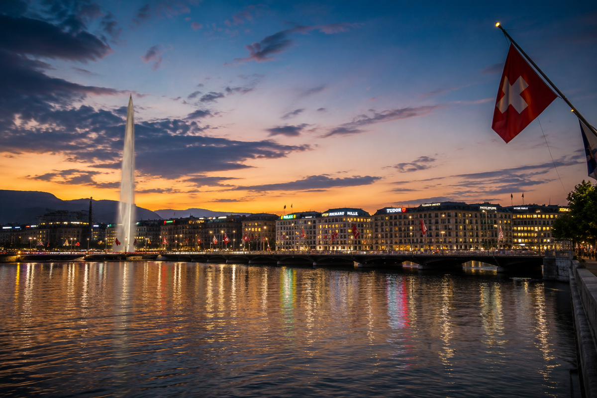 Geneva at night: a lit central street with a tram, hanging lights and old façades.