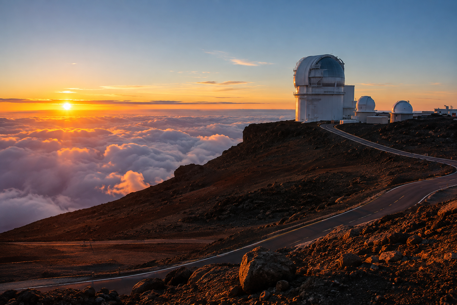 The summit of Haleakalā: white observatory domes on a dark volcanic slope, above a sea of clouds.