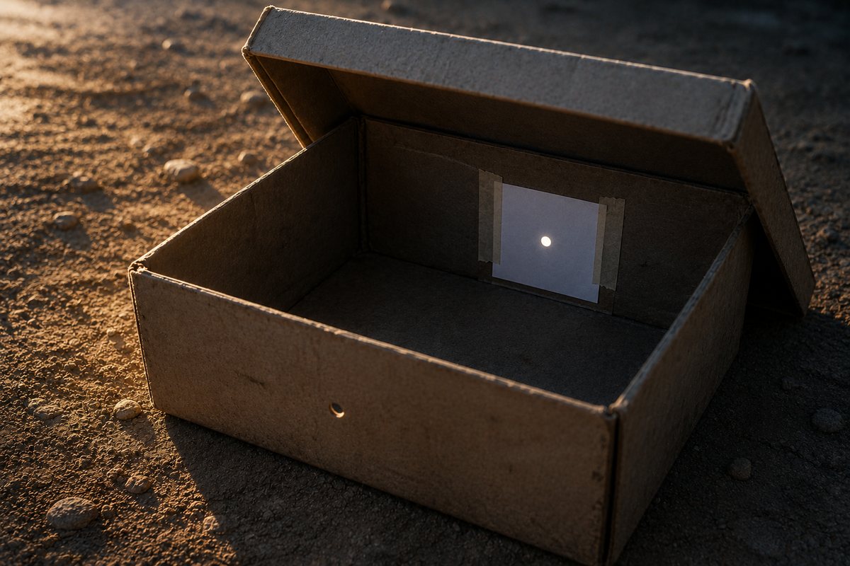 An open shoebox on bare earth, a pinhole in one wall and a disc of light cast onto white paper on the wall opposite.