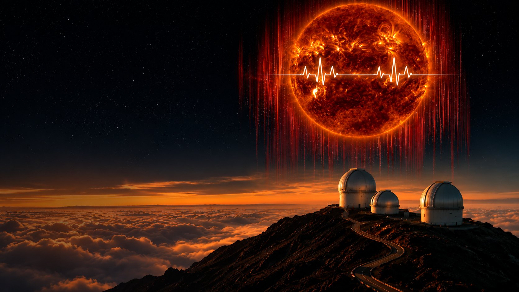 An observatory summit above a sea of clouds at sunset. In the dark sky, an immense Sun crossed by a single heartbeat line.