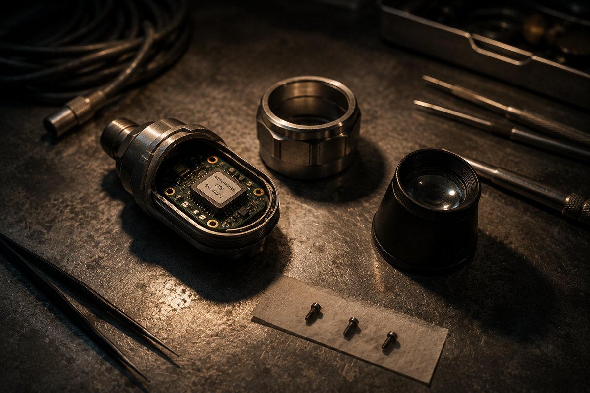 A precision sensor half taken apart on a workbench, circuit board exposed, a jeweller's loupe and screws lined up on paper.